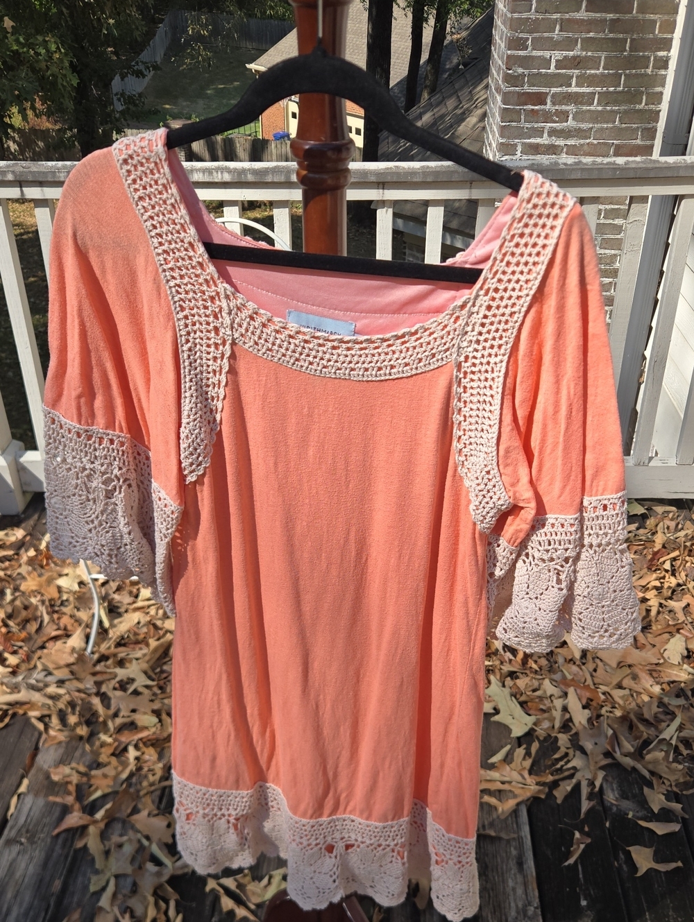 Judith March Coral Peach Tunic with Cream Crochet Accents